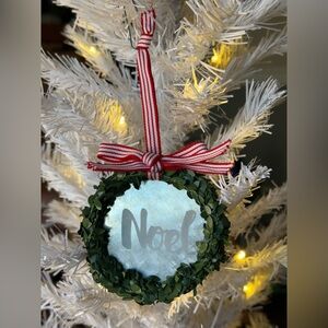 Noel Holiday Ornament with Green Wreath and Red Ribbon
